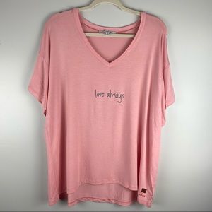 Peace Love World Pink "love always" V-Neck Short Sleeve Tee